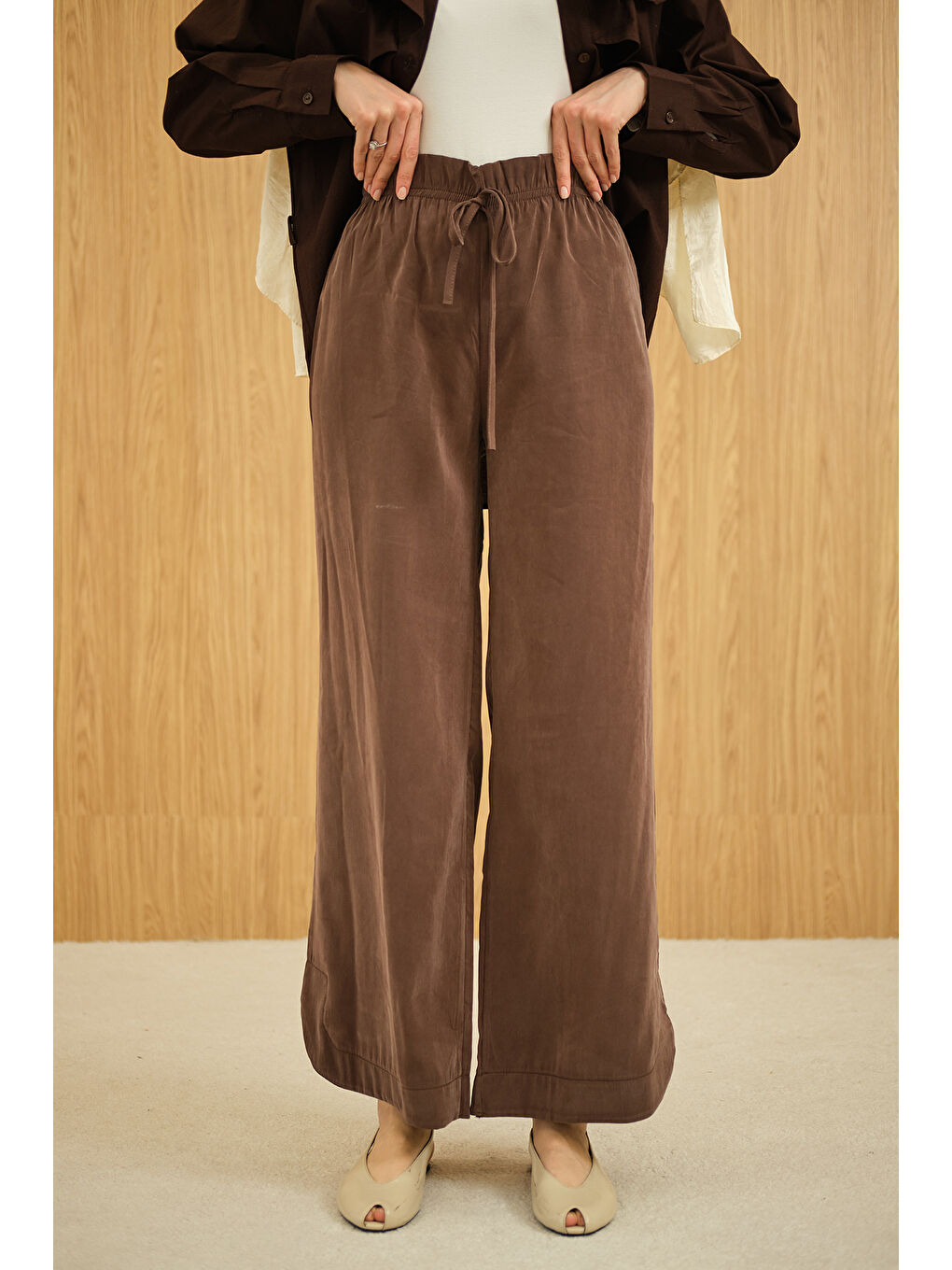 Kadın Beli Lastikli Pantolon Kahverengi