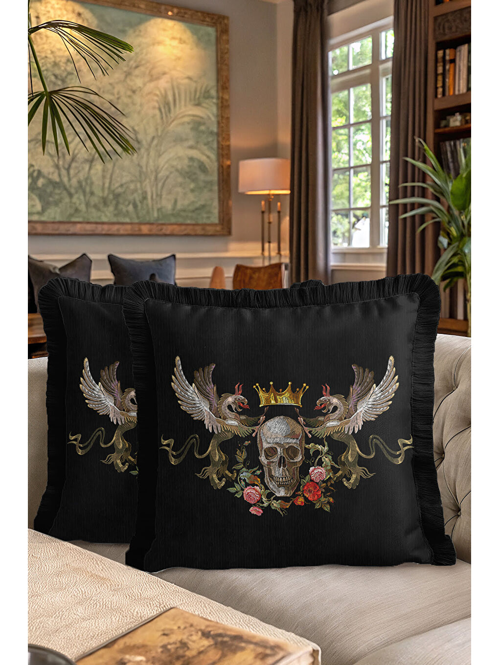 Karışık Gotik Kraliyet Saçaklı Yastık Kılıfı - Taçlı Kuru Kafa Barok Siyah Renk Bohem Püsküllü Kırlent Kılıf-7