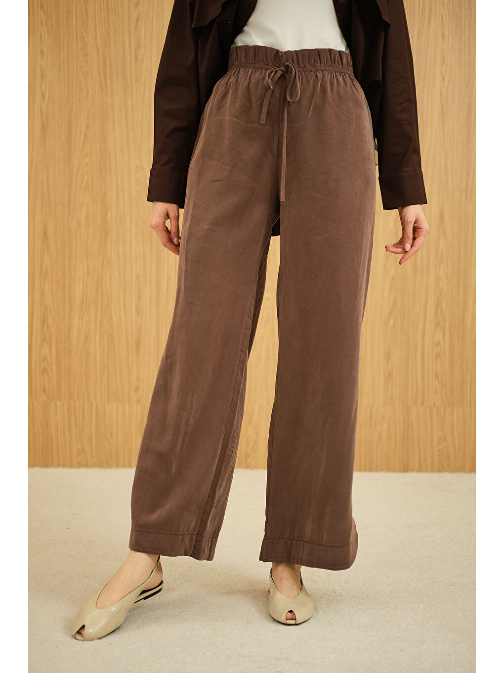 Kadın Beli Lastikli Pantolon Kahverengi-2