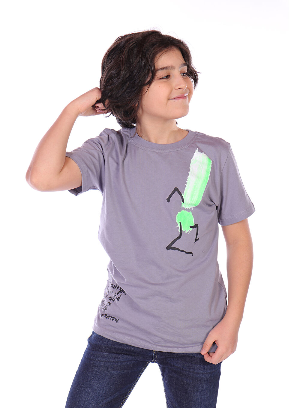Gri Erkek Çocuk Yazı Baskılı Tişört-3