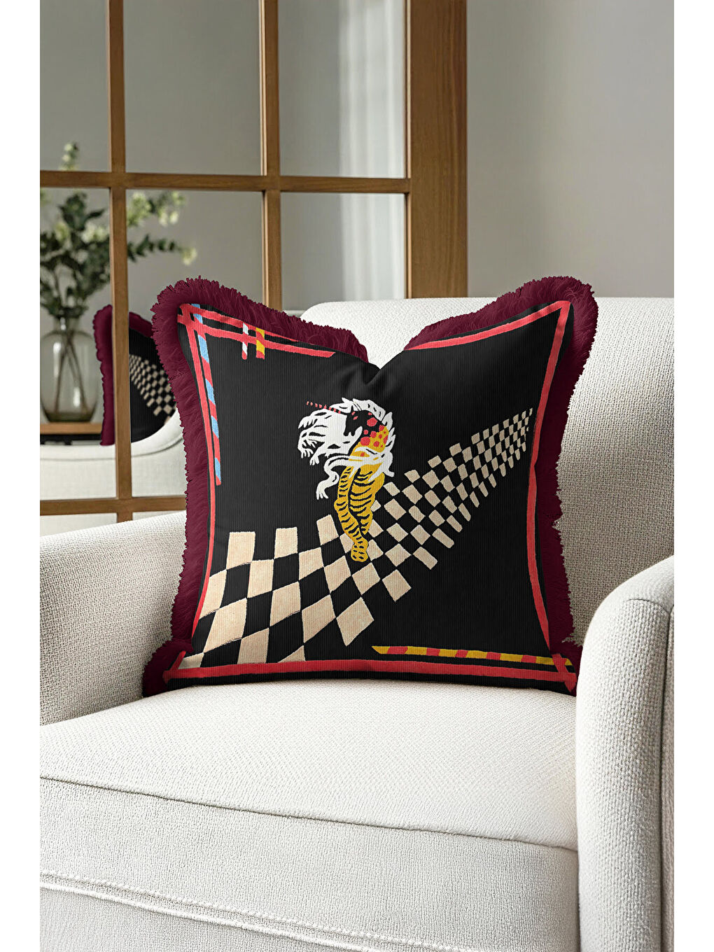 Karışık Lüks Geometrik Saçaklı Yastık Kılıfı - Sanatsal Retro Siyah Bordo Püsküllü Kırlent Kılıfı-1