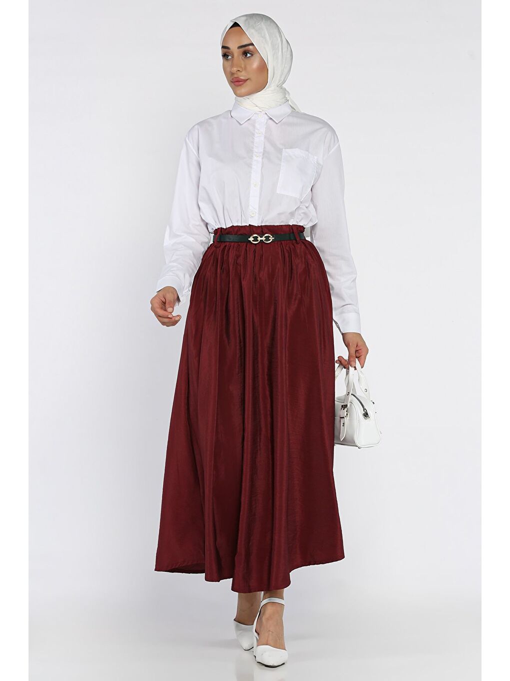 Bordo Kadın Garnili Cep Detaylı Kemerli Elbise-3