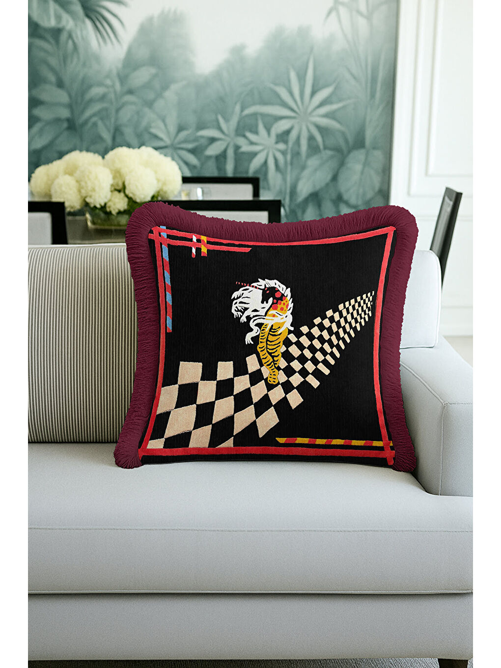 Karışık Lüks Geometrik Saçaklı Yastık Kılıfı - Sanatsal Retro Siyah Bordo Püsküllü Kırlent Kılıfı-2