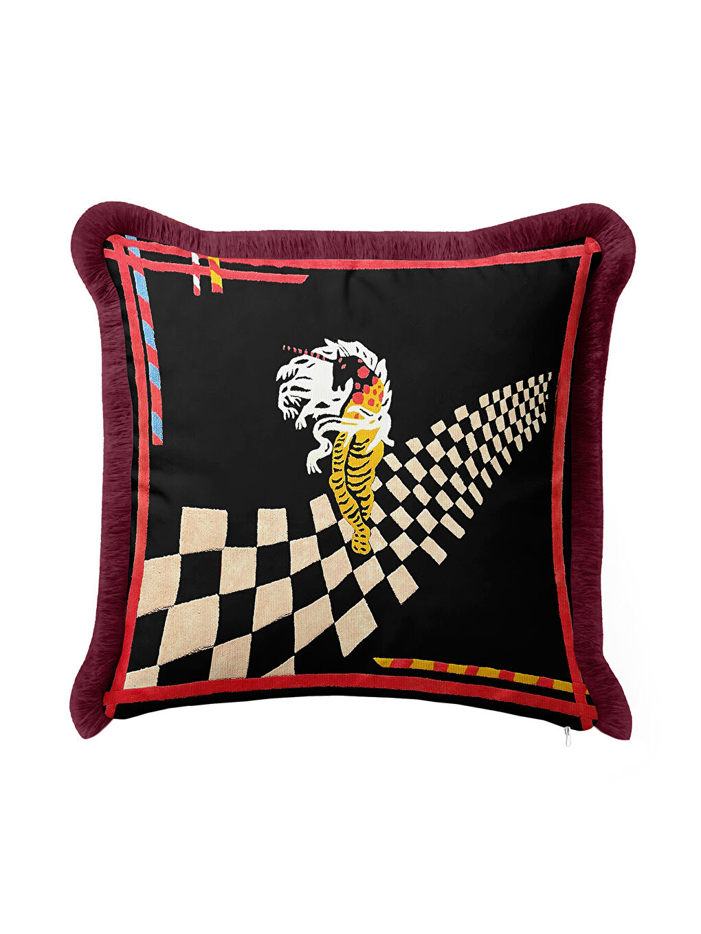 Karışık Lüks Geometrik Saçaklı Yastık Kılıfı - Sanatsal Retro Siyah Bordo Püsküllü Kırlent Kılıfı-3