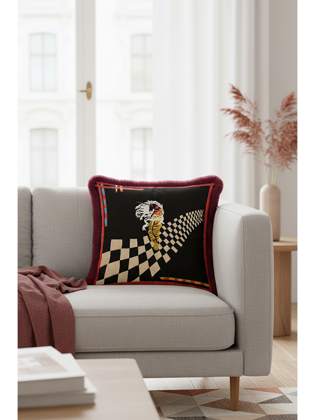 Karışık Lüks Geometrik Saçaklı Yastık Kılıfı - Sanatsal Retro Siyah Bordo Püsküllü Kırlent Kılıfı-4