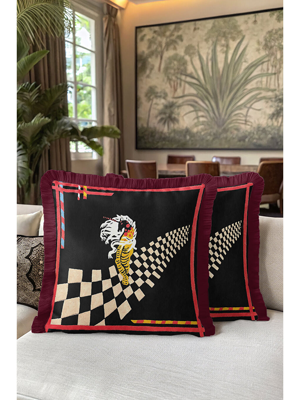 Karışık Lüks Geometrik Saçaklı Yastık Kılıfı - Sanatsal Retro Siyah Bordo Püsküllü Kırlent Kılıfı-5