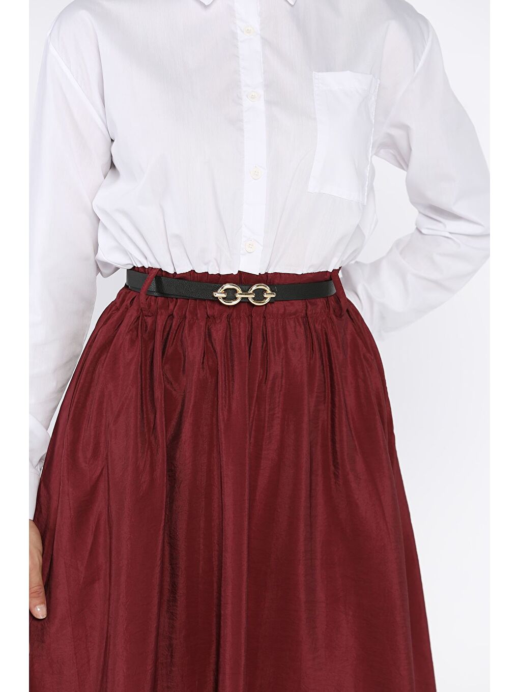 Bordo Kadın Garnili Cep Detaylı Kemerli Elbise-7