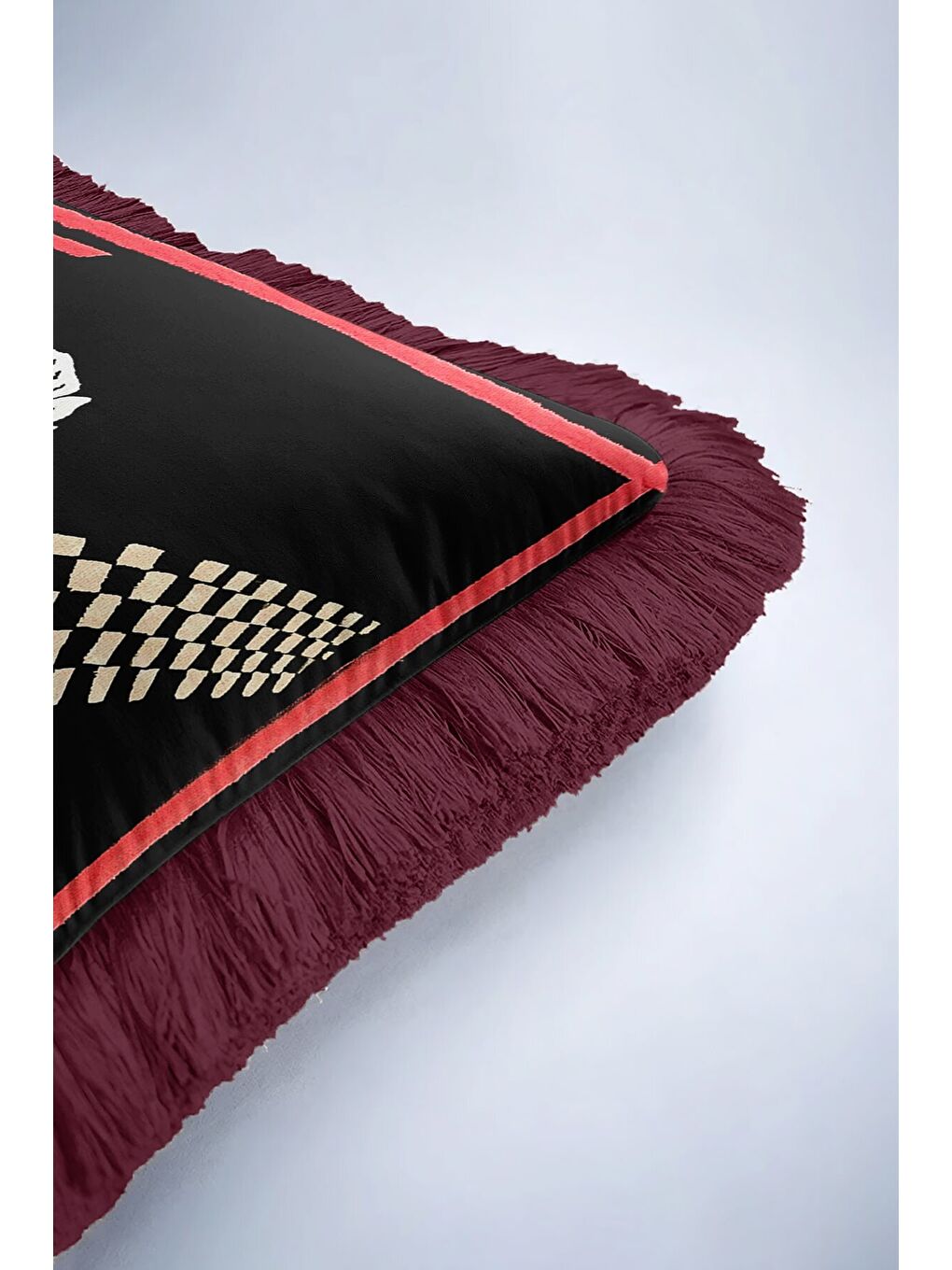 Karışık Lüks Geometrik Saçaklı Yastık Kılıfı - Sanatsal Retro Siyah Bordo Püsküllü Kırlent Kılıfı-6
