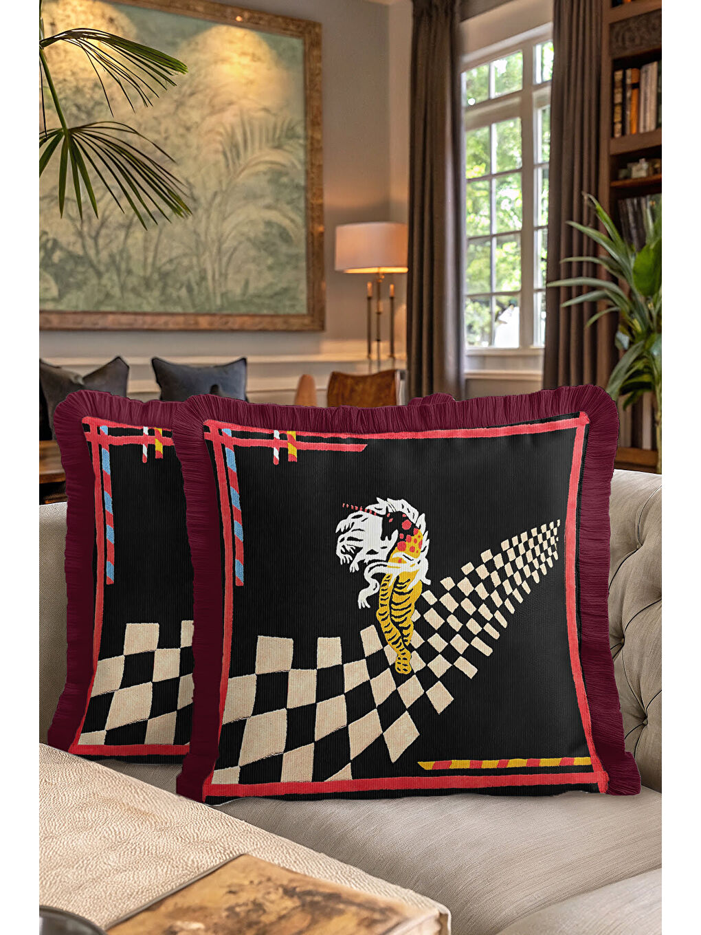 Karışık Lüks Geometrik Saçaklı Yastık Kılıfı - Sanatsal Retro Siyah Bordo Püsküllü Kırlent Kılıfı-7