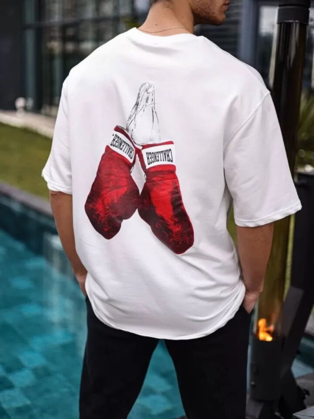 Unisex Bisiklet Yaka Baskılı Oversize T-Shirt - Beyaz-1