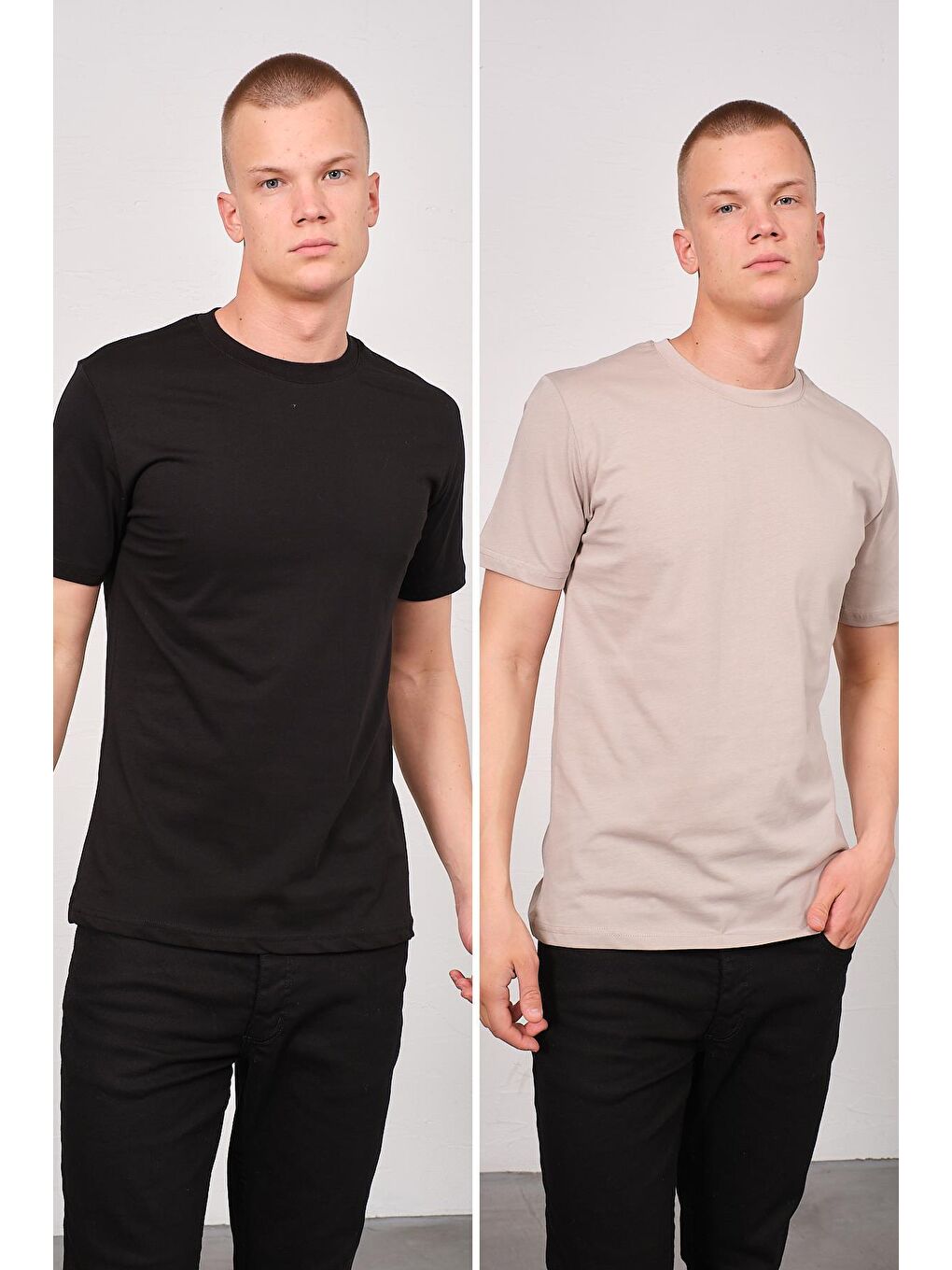 C&City Gri-Siyah Erkek Bisiklet Yaka 2'li Regular Fit Basic T-Shirt 990 Gri/Siyah