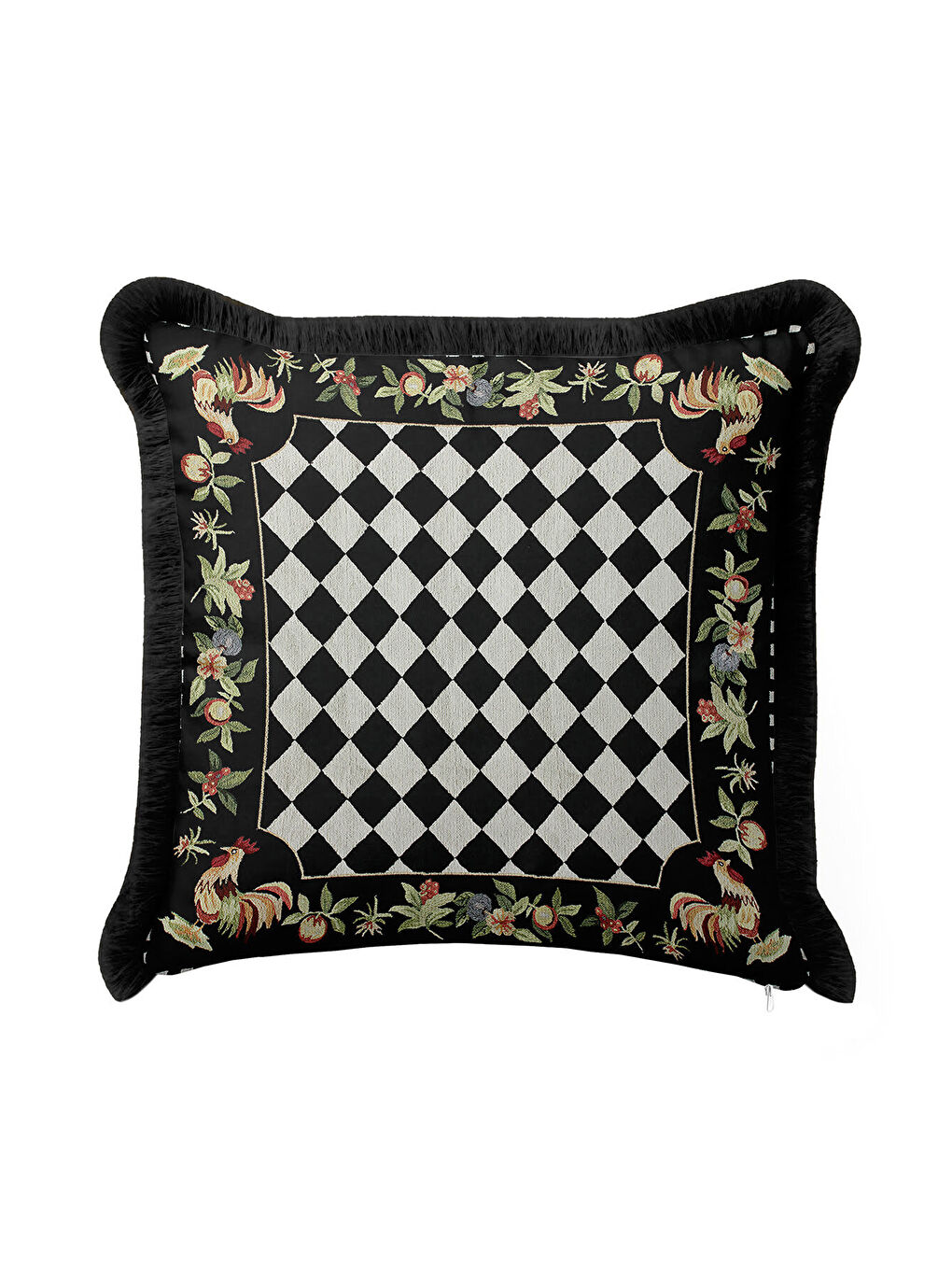 Karışık Lüks Çift Sıra Saçaklı Yastık Kılıfı - Tavus Kuşlu Klasik Rustik Siyah Krem Püsküllü Kırlent Kılıfı