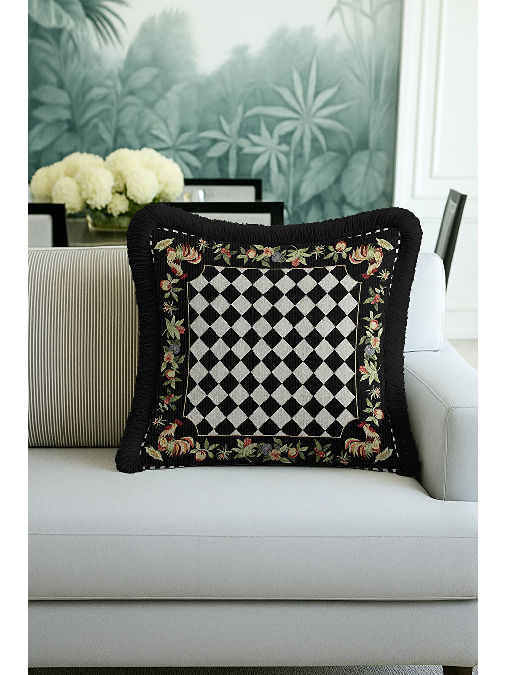 Karışık Lüks Çift Sıra Saçaklı Yastık Kılıfı - Tavus Kuşlu Klasik Rustik Siyah Krem Püsküllü Kırlent Kılıfı-1