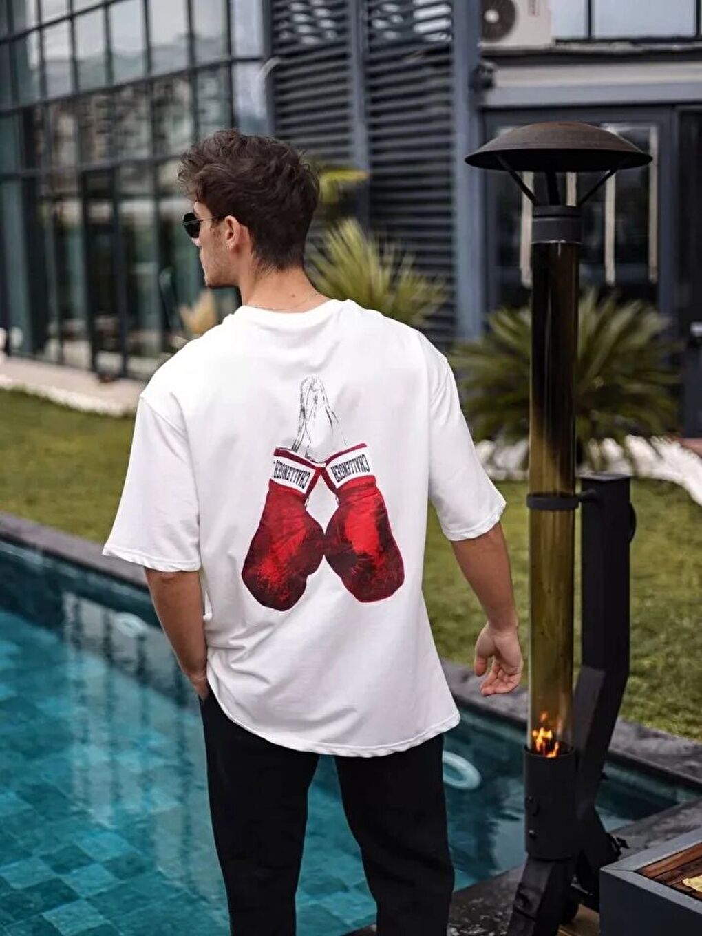 Unisex Bisiklet Yaka Baskılı Oversize T-Shirt - Beyaz-2