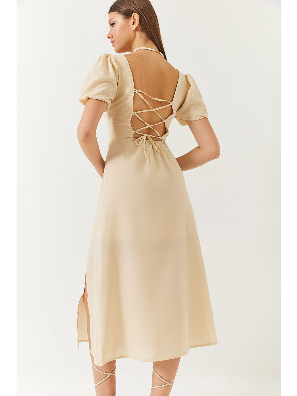 Bej Kadın Karpuz Kol Kare Yaka Sırt Detaylı Yırtmaçlı Keten Elbise-6