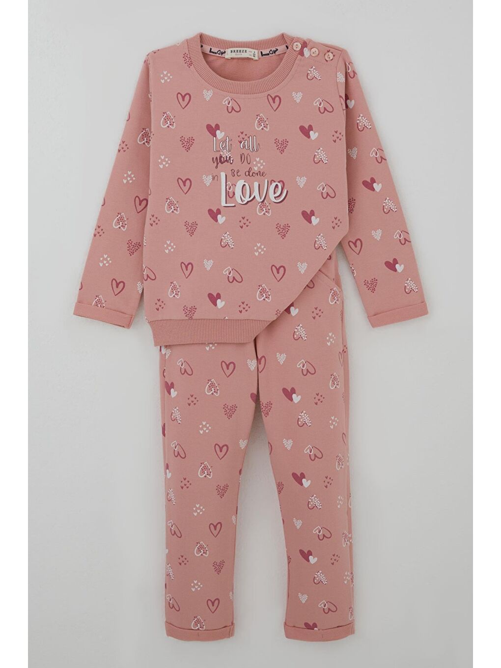 Pembe Kız Bebek Eşofman Takımı Kalp Desenli Gülkurusu (9 Ay-3 Yaş)