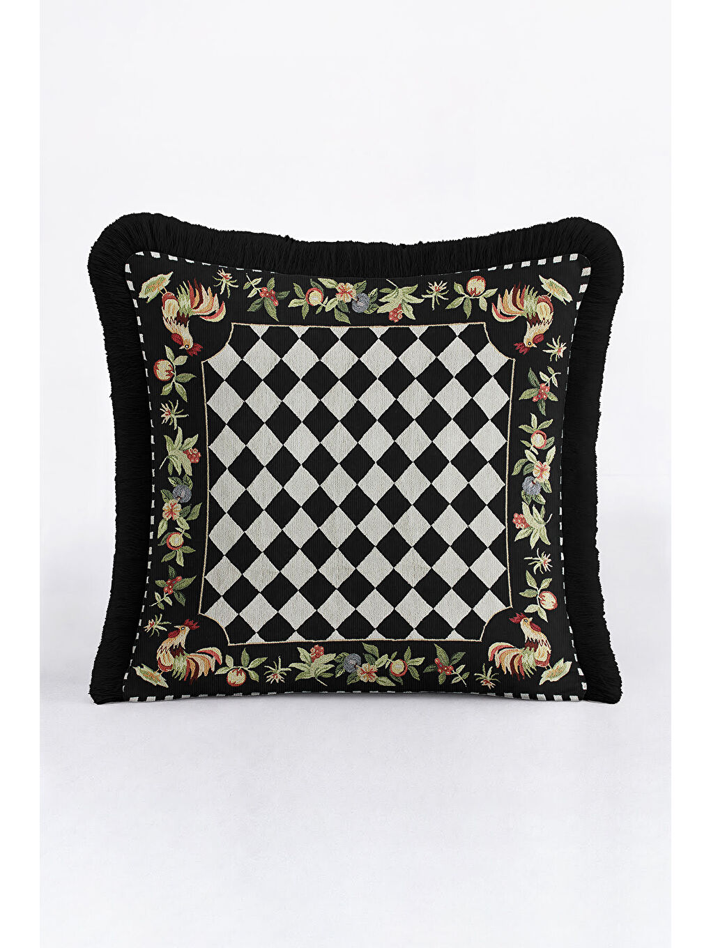Karışık Lüks Çift Sıra Saçaklı Yastık Kılıfı - Tavus Kuşlu Klasik Rustik Siyah Krem Püsküllü Kırlent Kılıfı-3