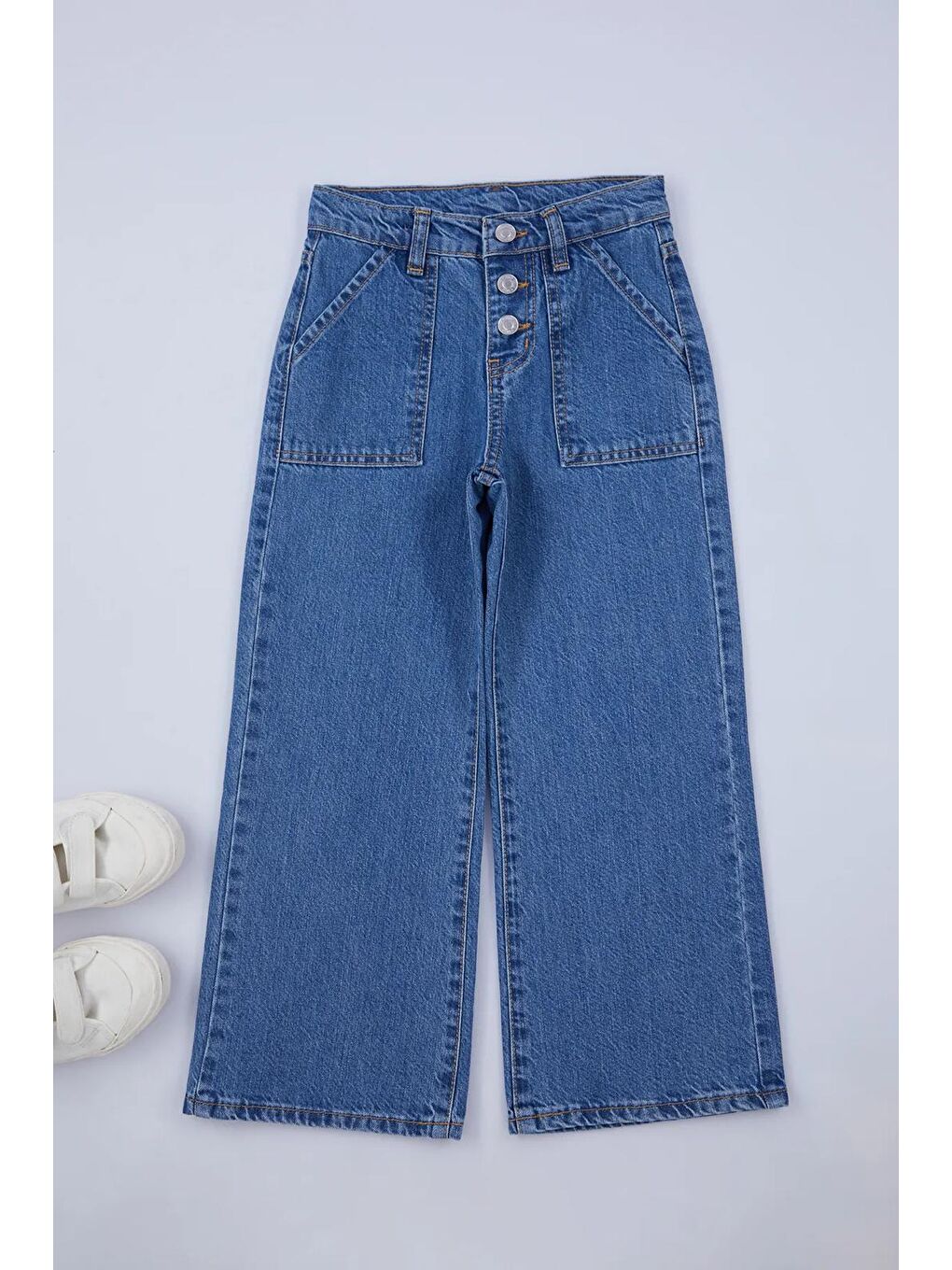 Mavi Kız Çocuk Geniş Paça Düğme Detaylı Cepli Jean Denim Pantolon 3-14 Yaş