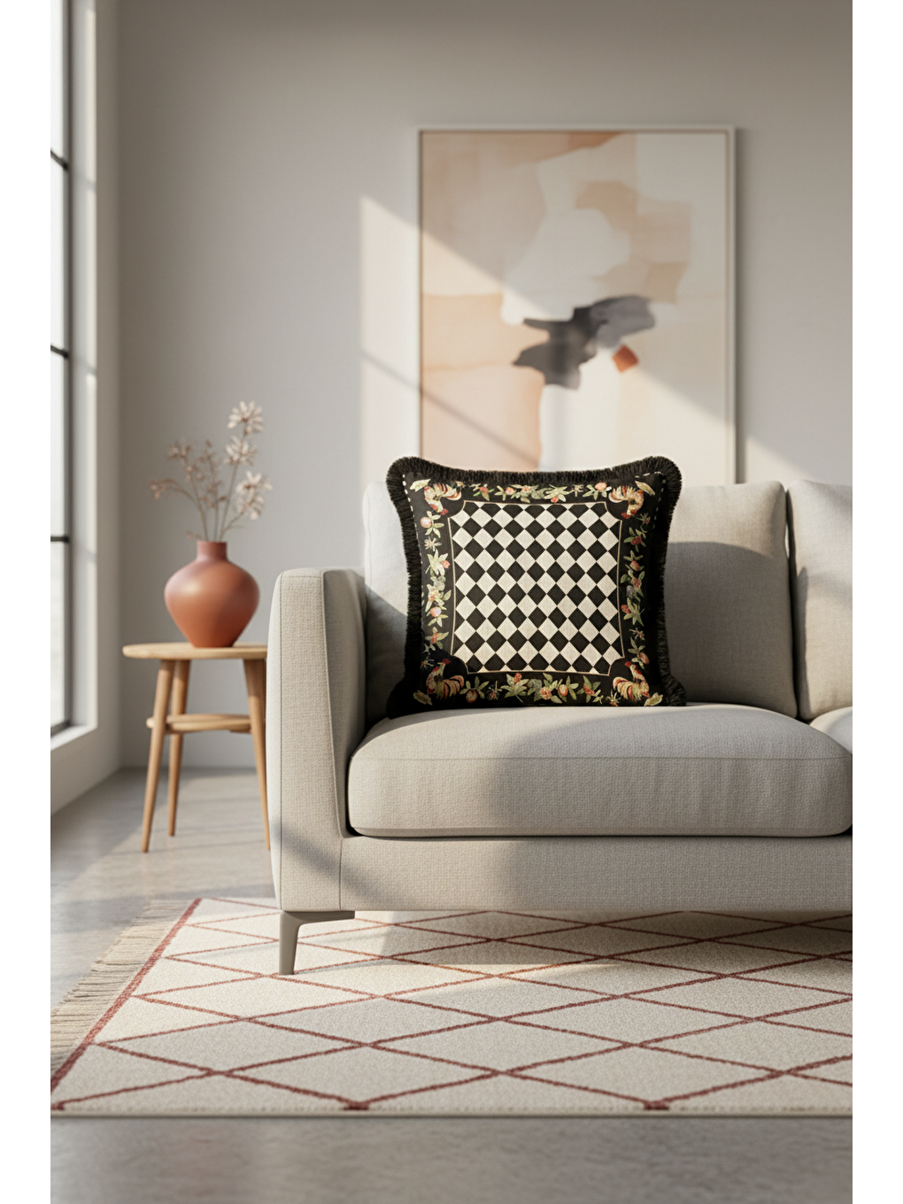 Karışık Lüks Çift Sıra Saçaklı Yastık Kılıfı - Tavus Kuşlu Klasik Rustik Siyah Krem Püsküllü Kırlent Kılıfı-4