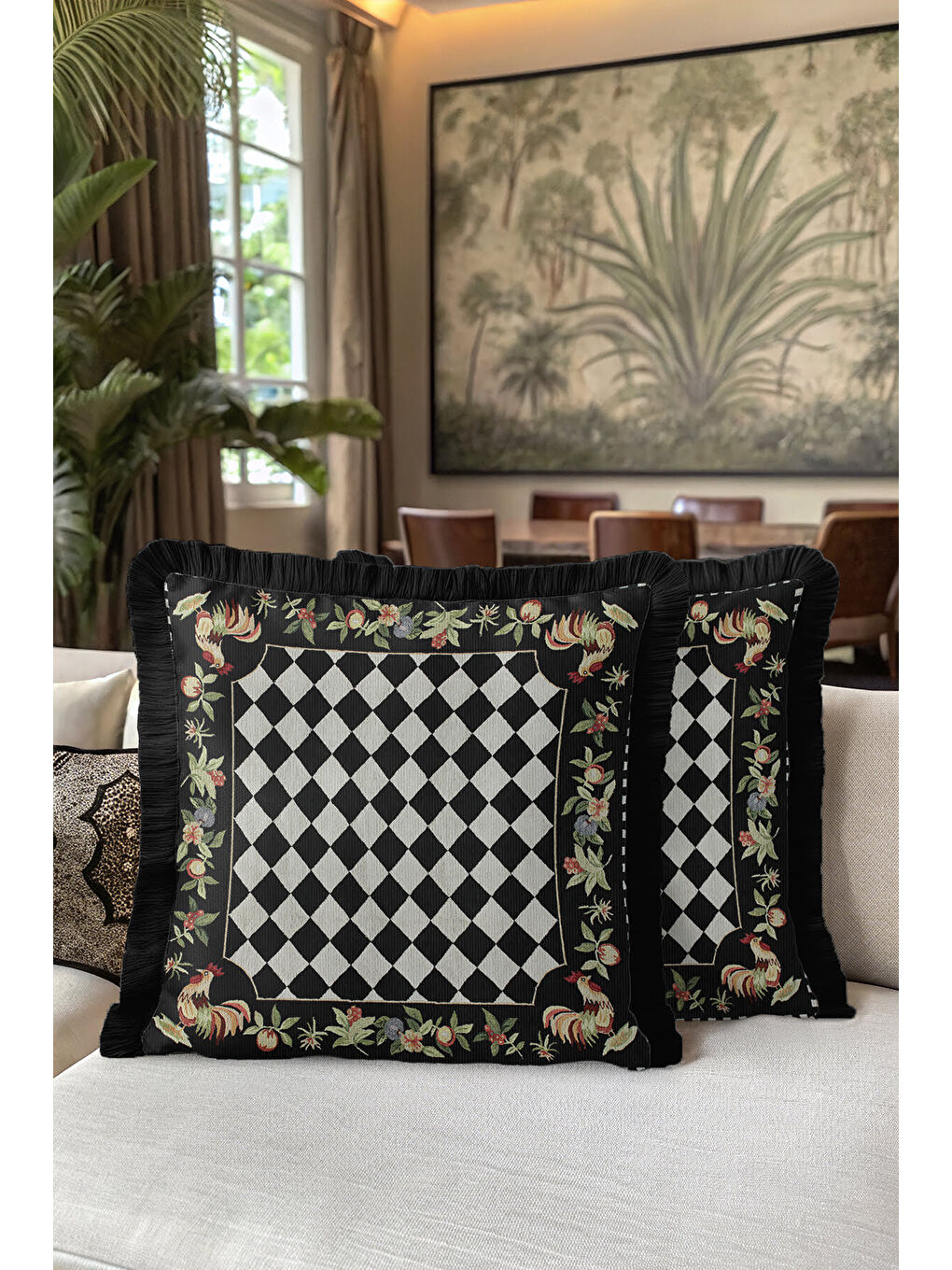 Karışık Lüks Çift Sıra Saçaklı Yastık Kılıfı - Tavus Kuşlu Klasik Rustik Siyah Krem Püsküllü Kırlent Kılıfı-5