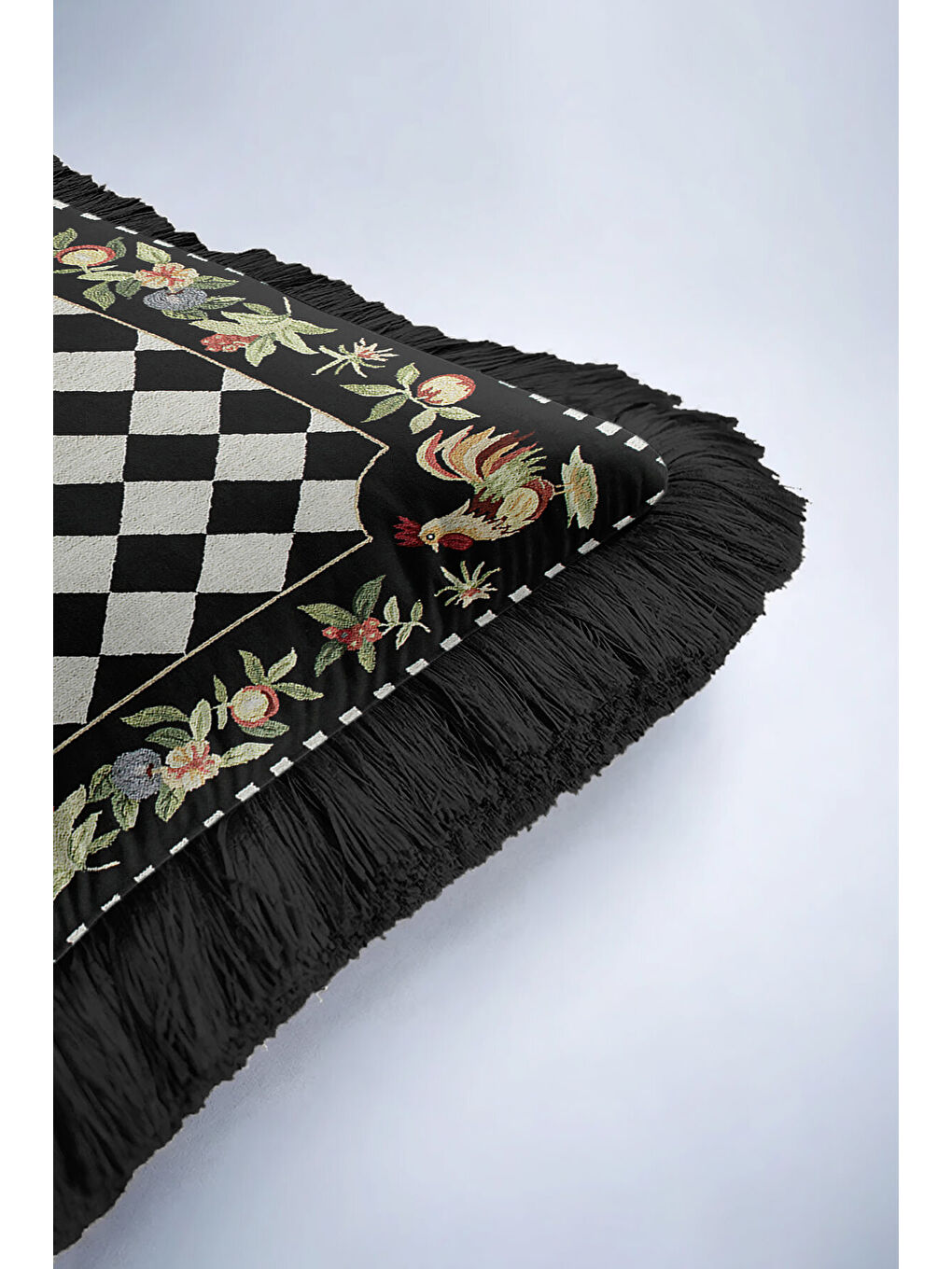 Karışık Lüks Çift Sıra Saçaklı Yastık Kılıfı - Tavus Kuşlu Klasik Rustik Siyah Krem Püsküllü Kırlent Kılıfı-6