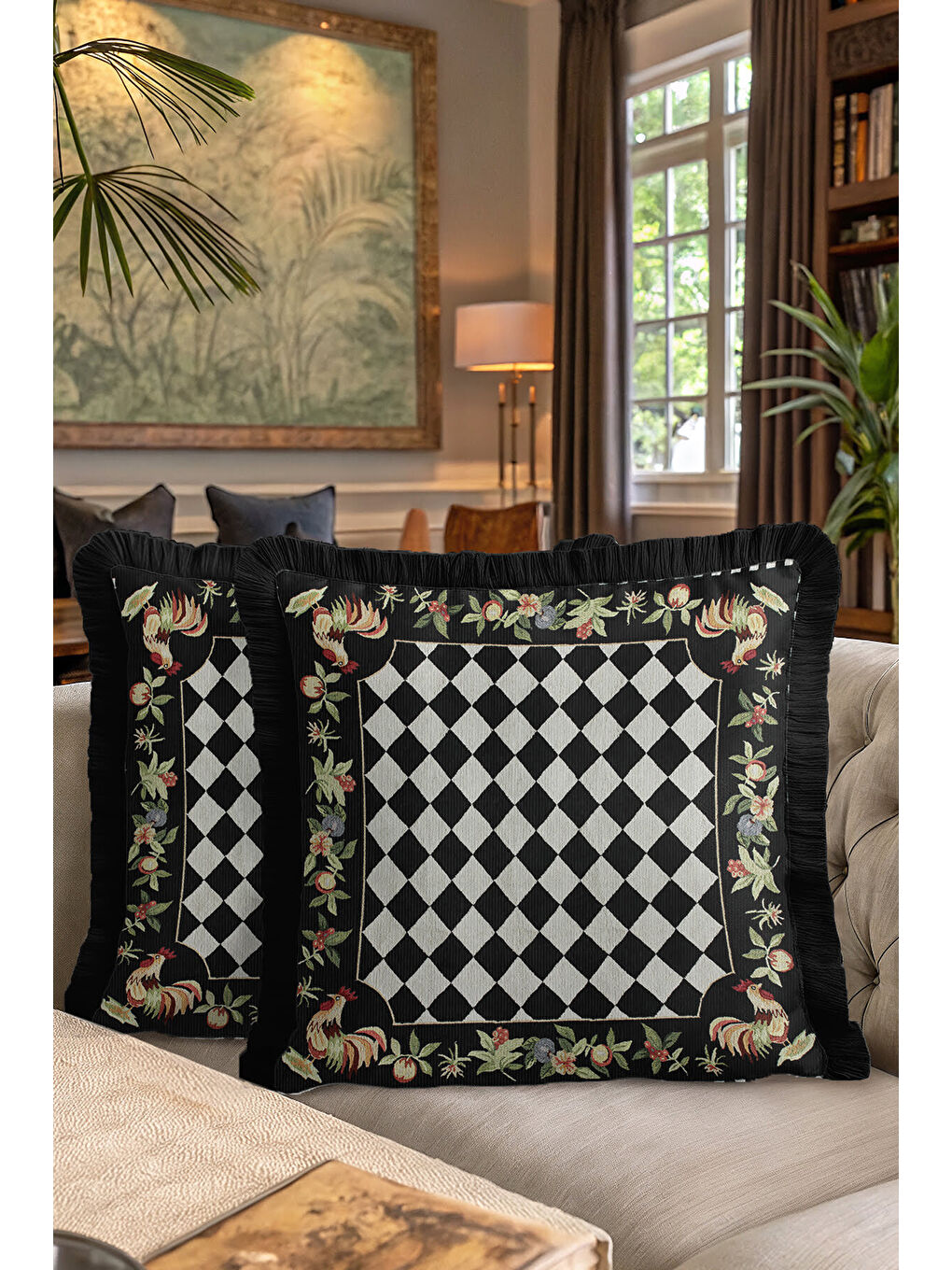 Karışık Lüks Çift Sıra Saçaklı Yastık Kılıfı - Tavus Kuşlu Klasik Rustik Siyah Krem Püsküllü Kırlent Kılıfı-7