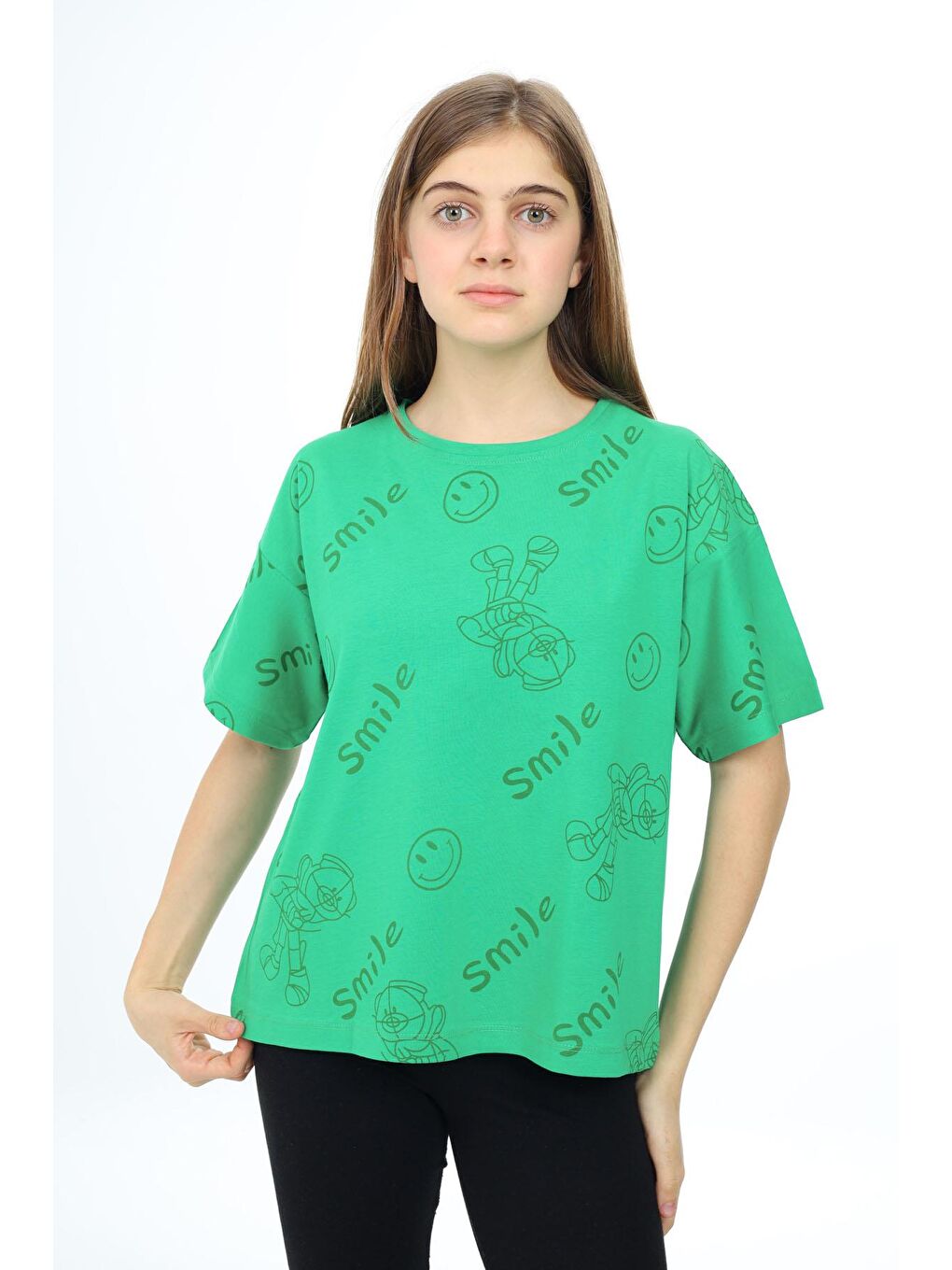 Yeşil Smile Baskılı Bisiklet Yaka Kız Çocuk T-shirt 17763
