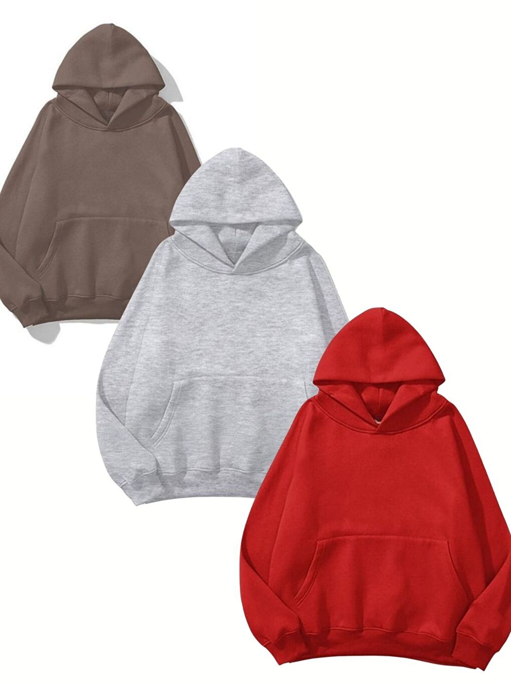 Karışık 3lü Set Kahve Gri Kırmızı Düz Kapüşonlu Sweatshirt