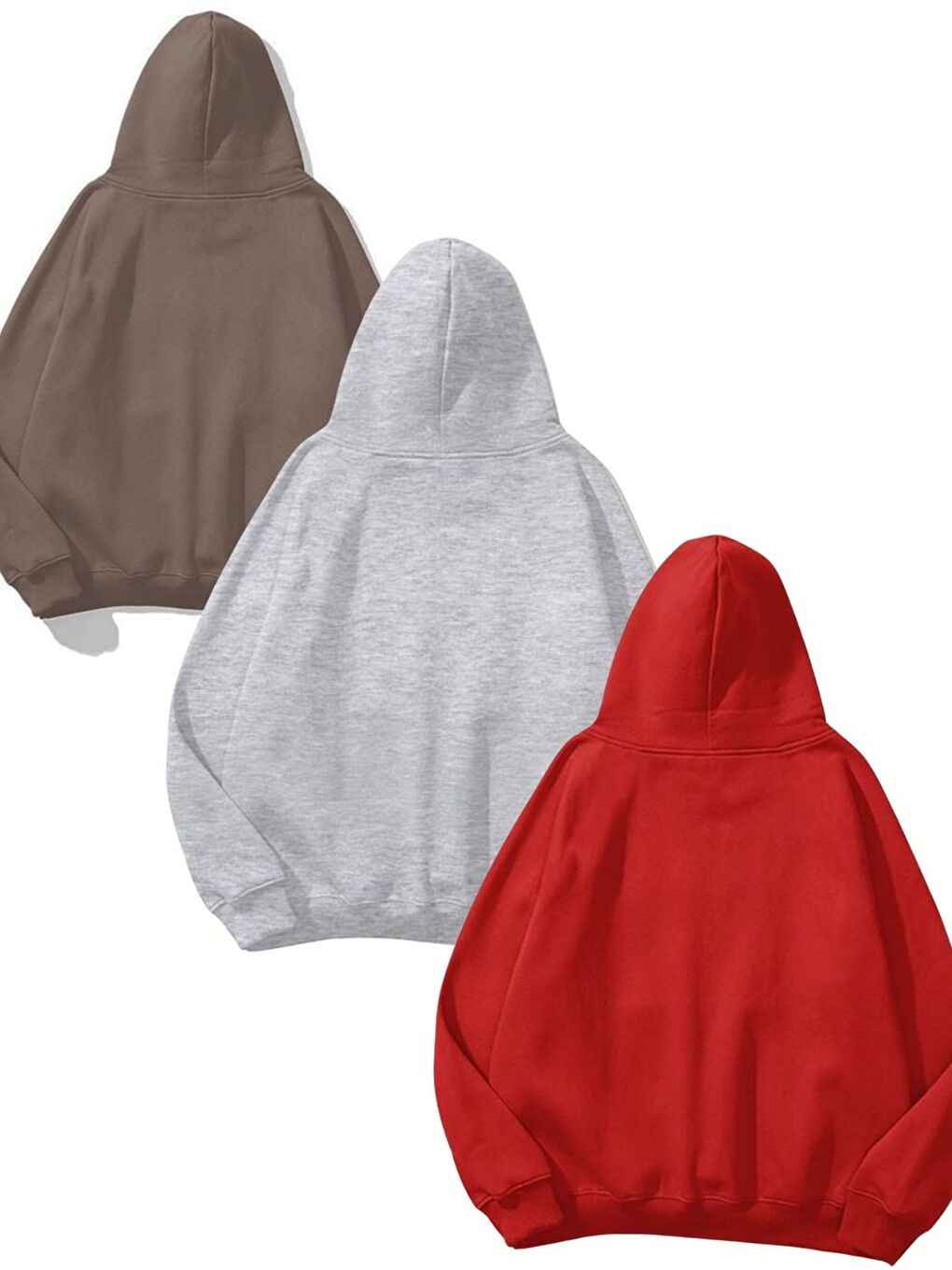 Karışık 3lü Set Kahve Gri Kırmızı Düz Kapüşonlu Sweatshirt-1