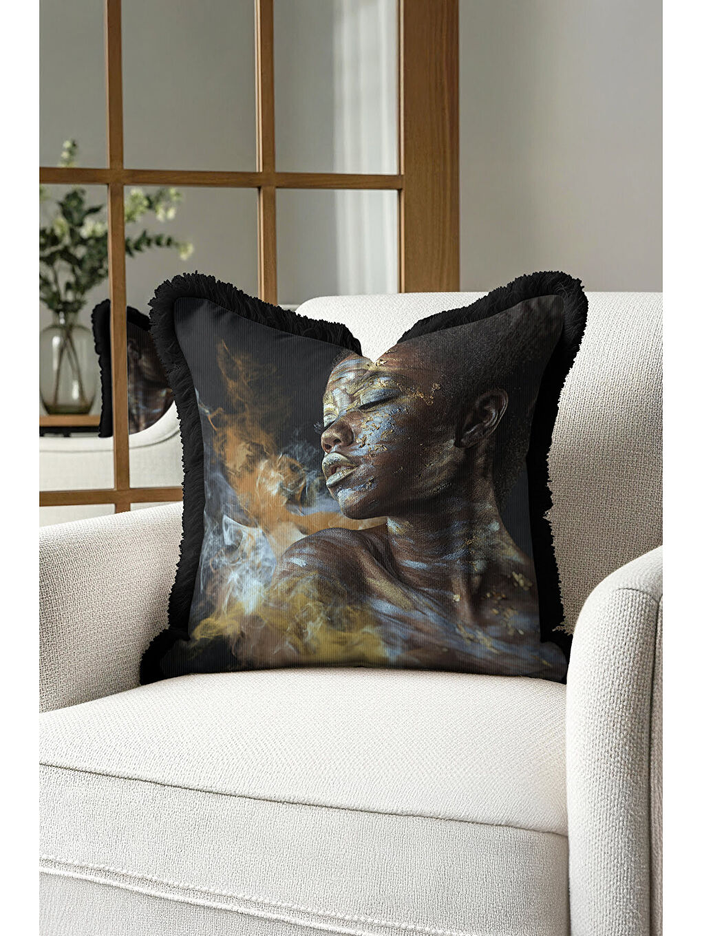 Karışık Sanatsal Yüz Portre Saçaklı Yastık Kılıfı - Afro Art Bohem Altın Renkli Püsküllü Kırlent Kılıfı