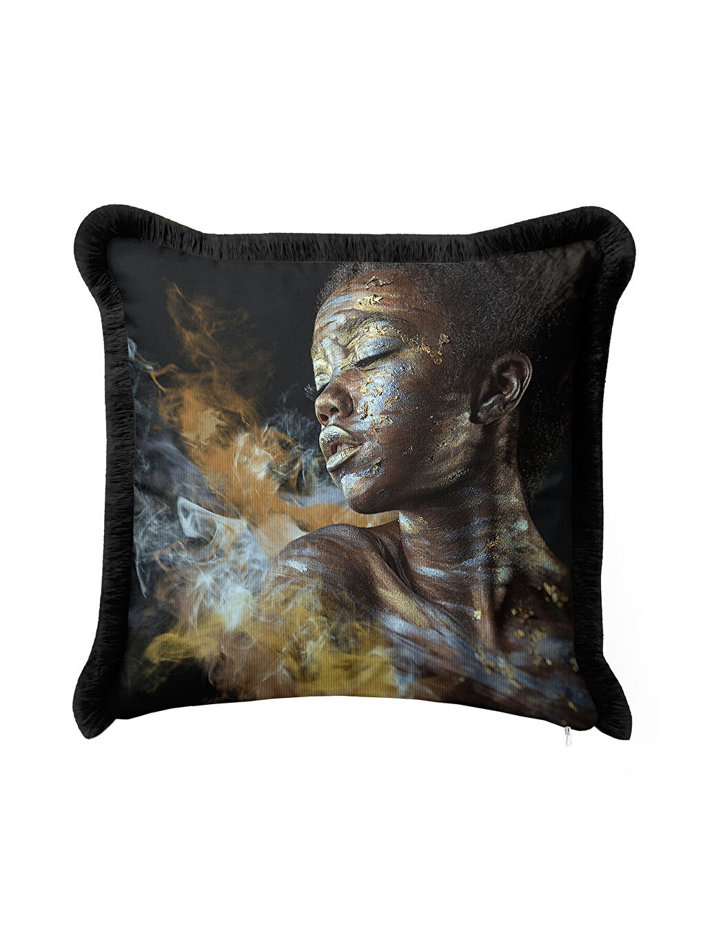 Karışık Sanatsal Yüz Portre Saçaklı Yastık Kılıfı - Afro Art Bohem Altın Renkli Püsküllü Kırlent Kılıfı-1
