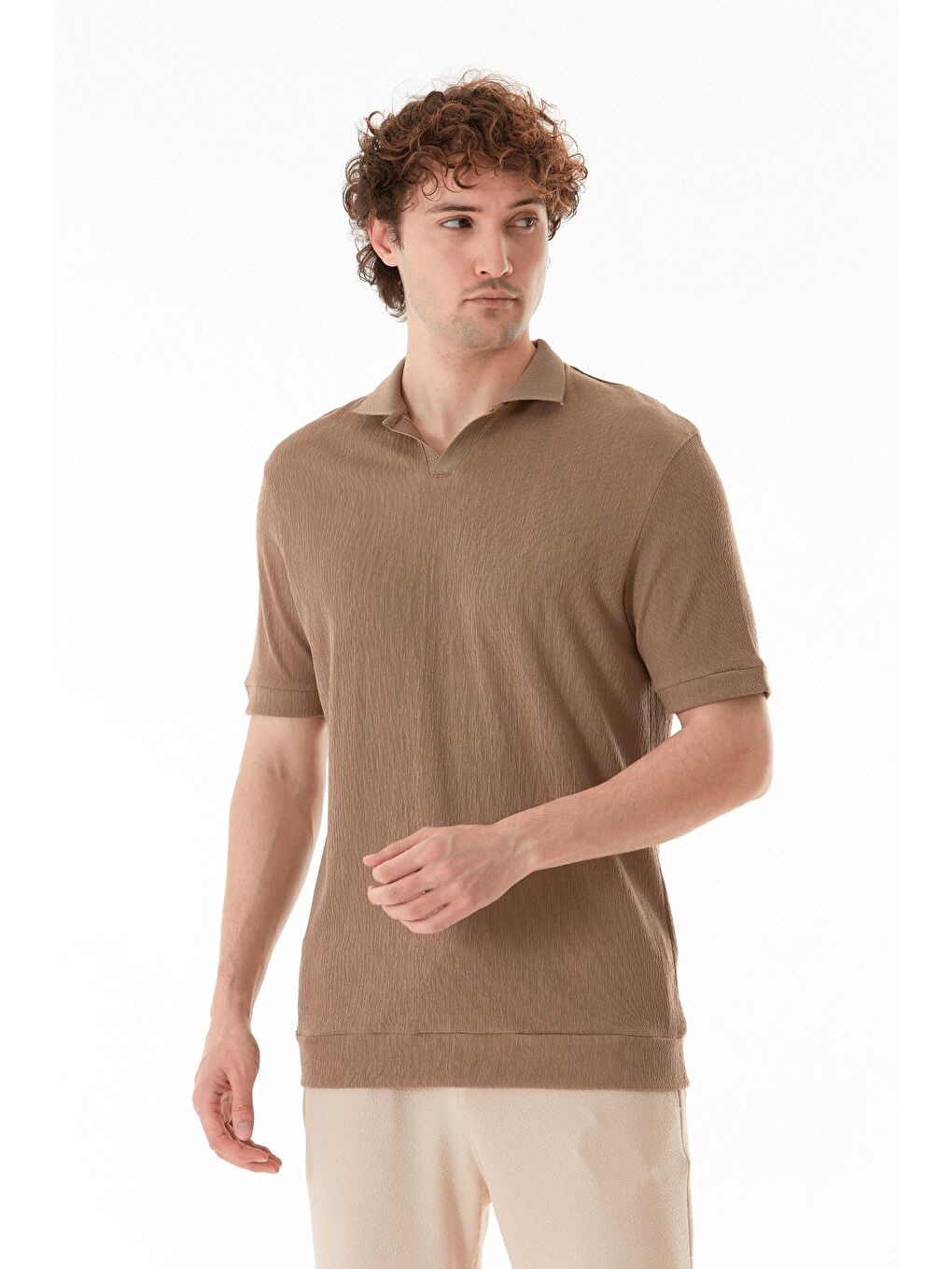 Kahverengi Basic Polo Yaka Jakarlı Tişört-1