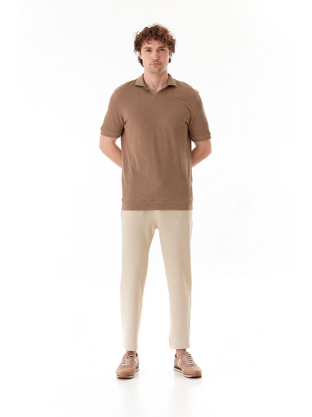 Kahverengi Basic Polo Yaka Jakarlı Tişört-2