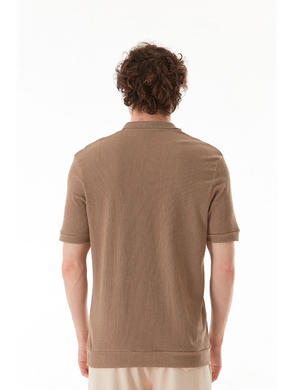 Kahverengi Basic Polo Yaka Jakarlı Tişört-3