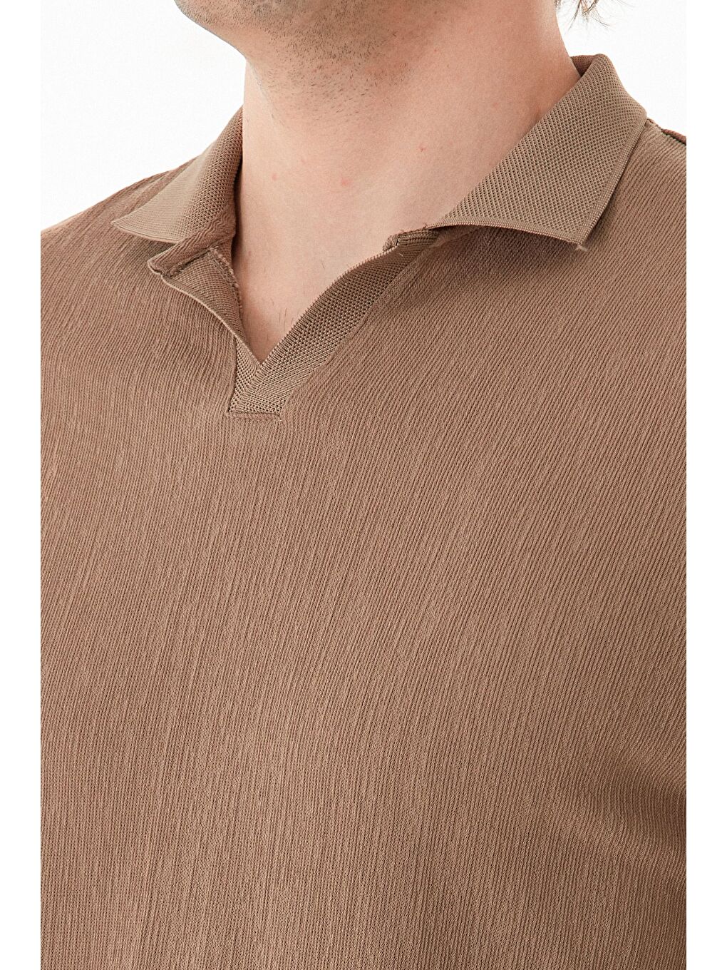 Kahverengi Basic Polo Yaka Jakarlı Tişört-4