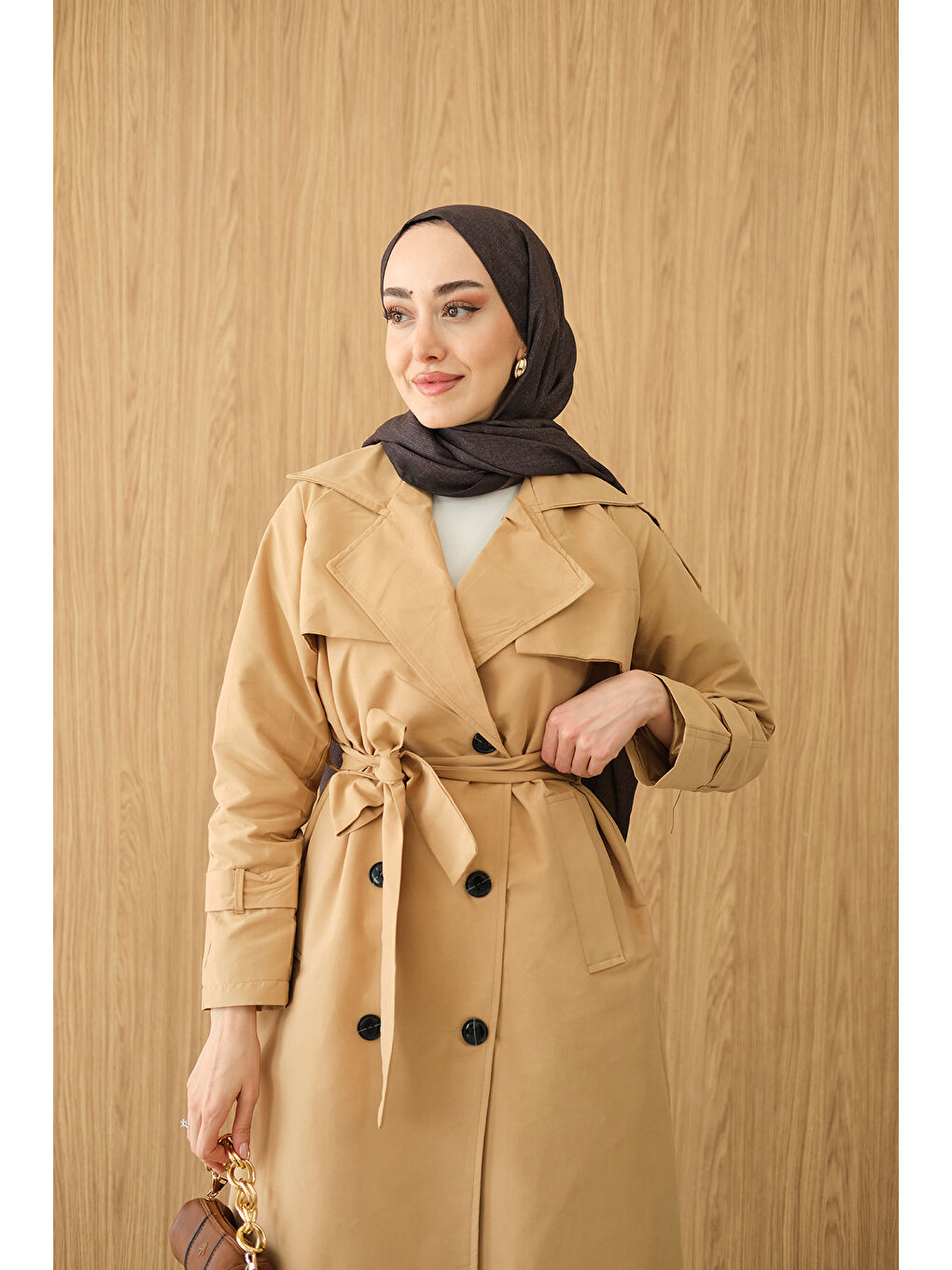 Kahverengi Kadın Omuz Düğme Detay Kruvaze Yaka Midi Boy Trenç Bisküvi-2