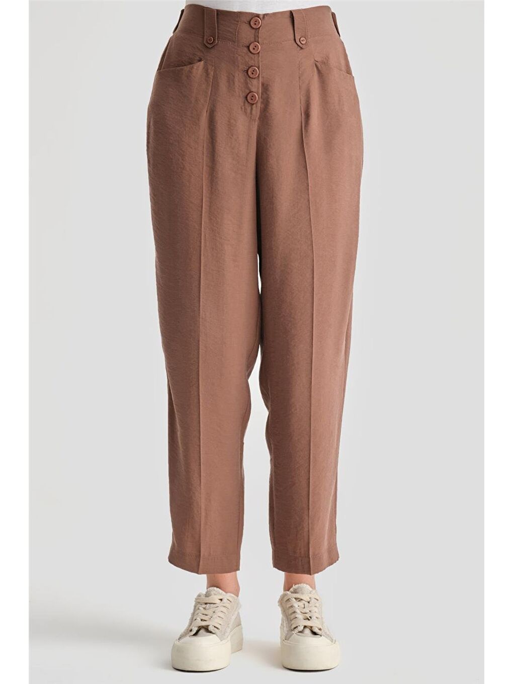 Kahverengi Düğmeli Modal Pantolon 24K2621 Acı Kahve-1