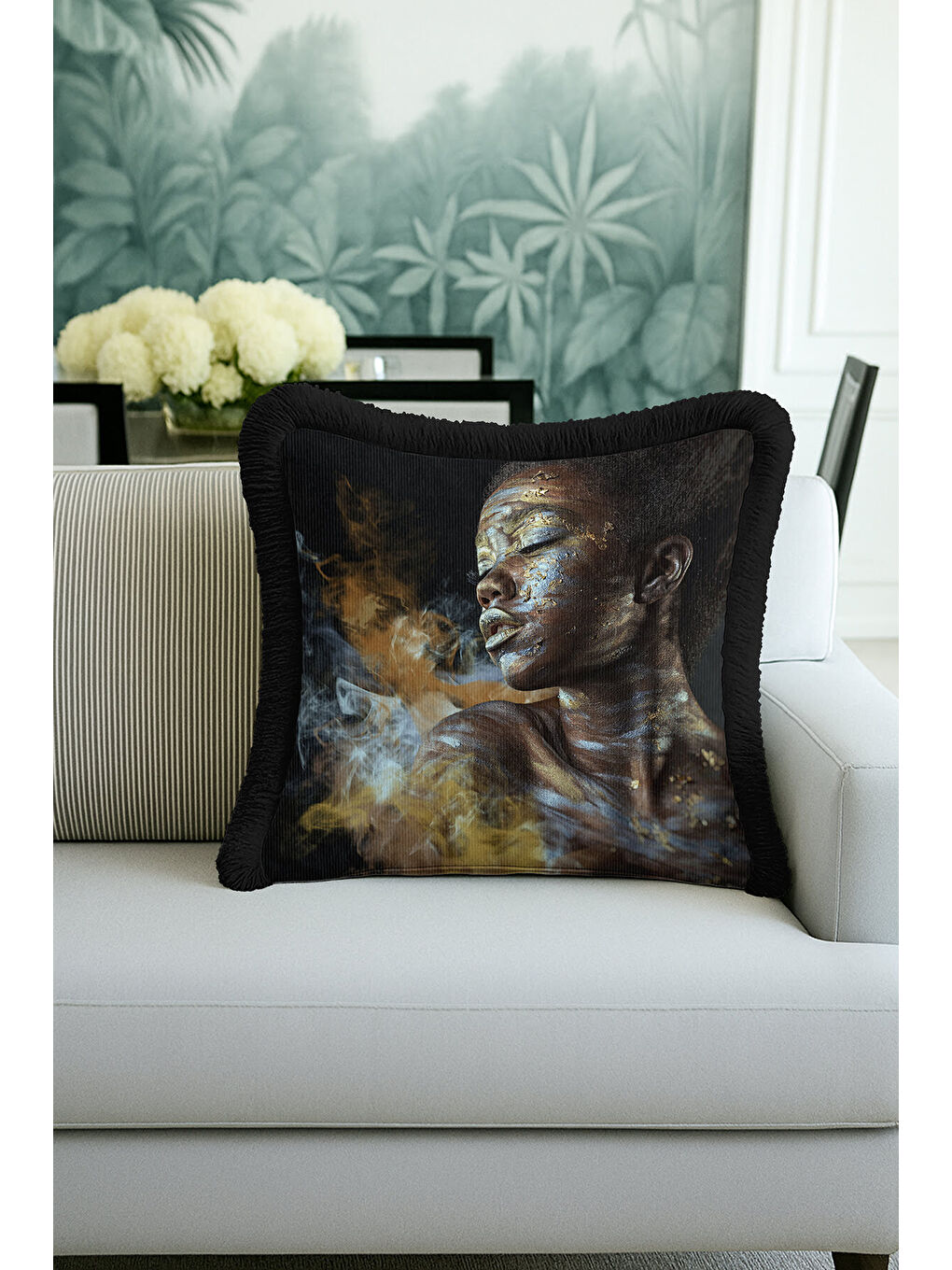 Karışık Sanatsal Yüz Portre Saçaklı Yastık Kılıfı - Afro Art Bohem Altın Renkli Püsküllü Kırlent Kılıfı-2