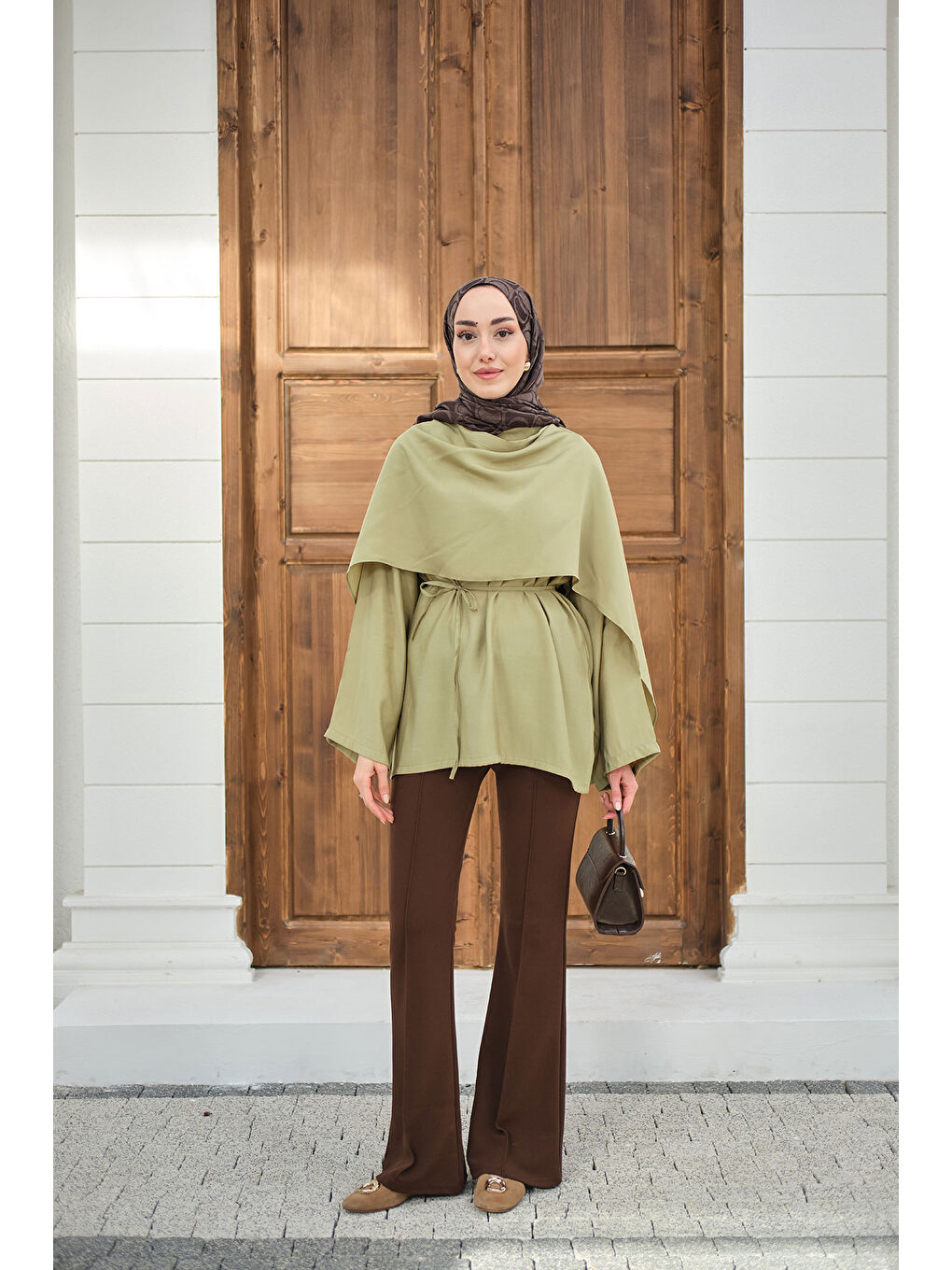 Kadın Şal Detay Bel Bağlamalı Bluz Yağ Yeşil-1