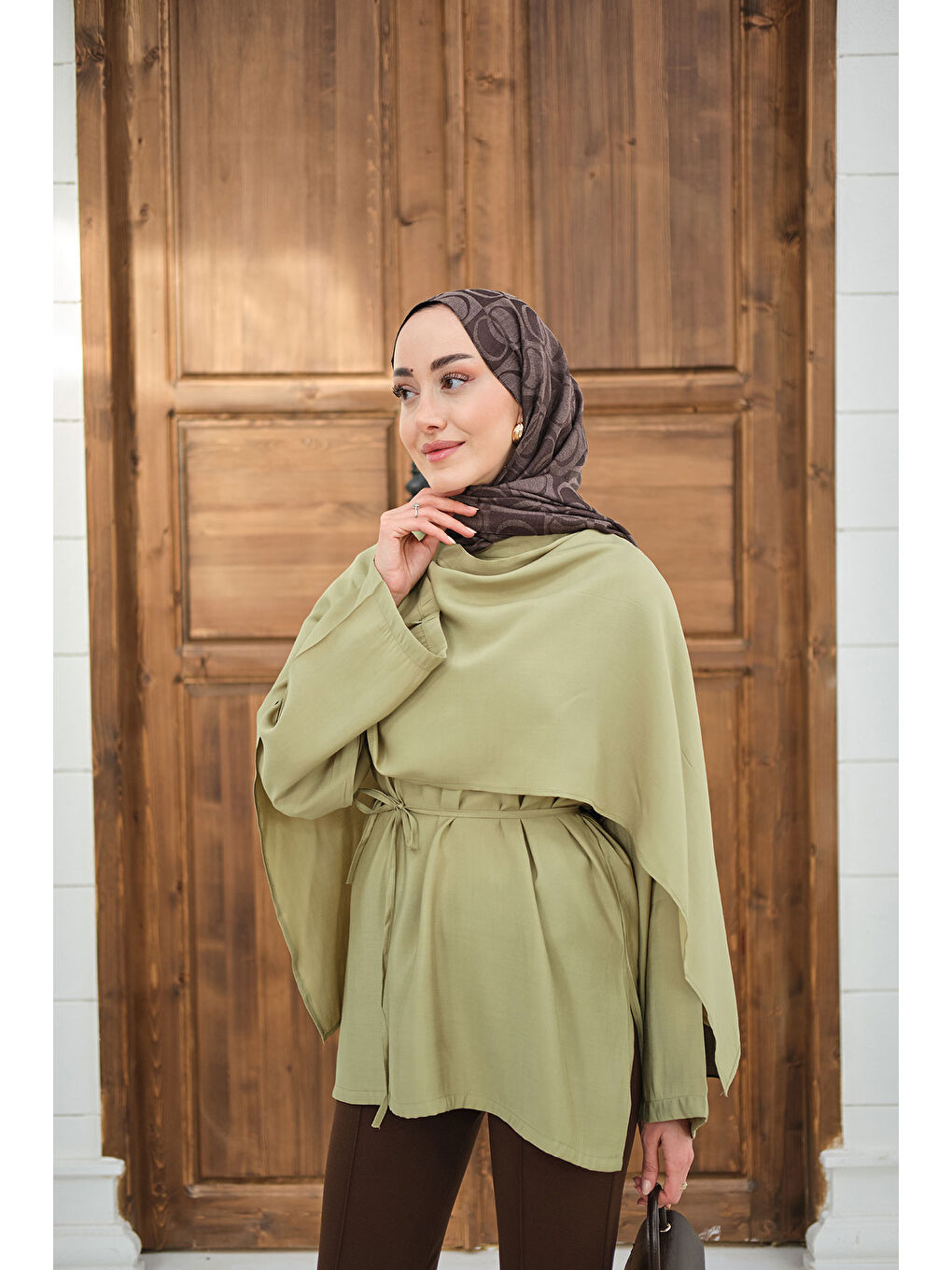 Kadın Şal Detay Bel Bağlamalı Bluz Yağ Yeşil-2