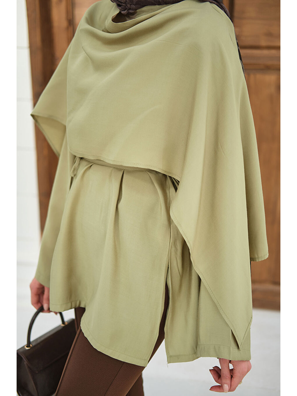 Kadın Şal Detay Bel Bağlamalı Bluz Yağ Yeşil-3
