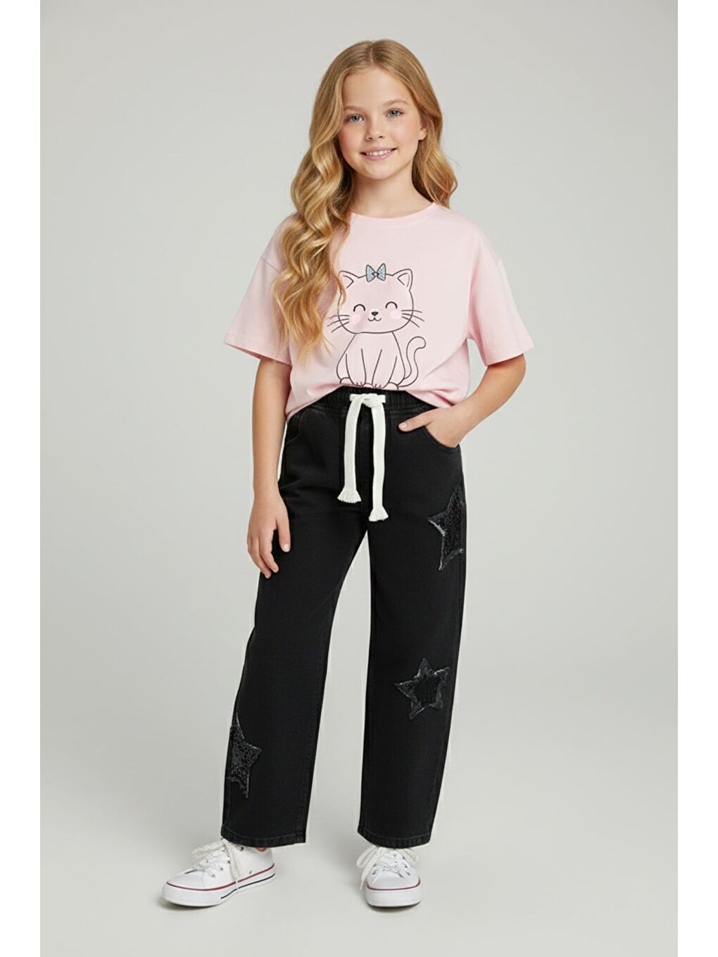 Antrasit Beli Bağlamalı Yıldız Nakışlı Kız Çocuk Pantolon-2