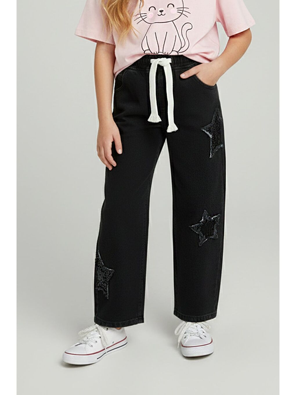 Antrasit Beli Bağlamalı Yıldız Nakışlı Kız Çocuk Pantolon-3