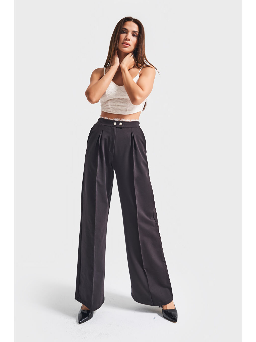 Kadın Siyah Renk w5-1 Palazzo Fit Esnek Kumaş Kemeri Dantel Detaylı Pantolon-3