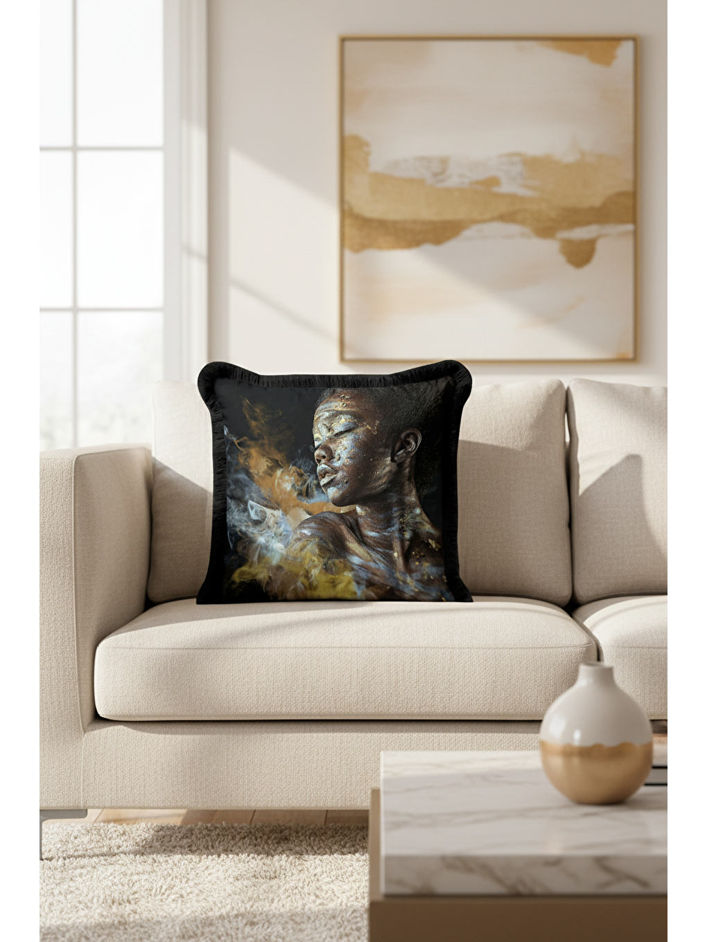 Karışık Sanatsal Yüz Portre Saçaklı Yastık Kılıfı - Afro Art Bohem Altın Renkli Püsküllü Kırlent Kılıfı-3