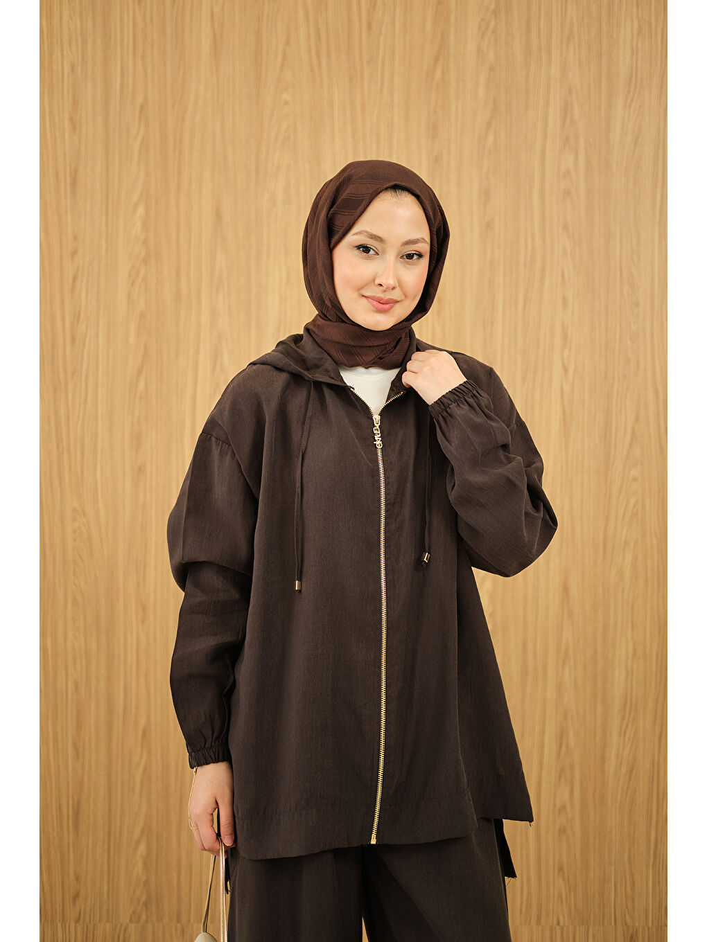 Kadın Bol Paça Fermuarlı Takım Kahverengi-2