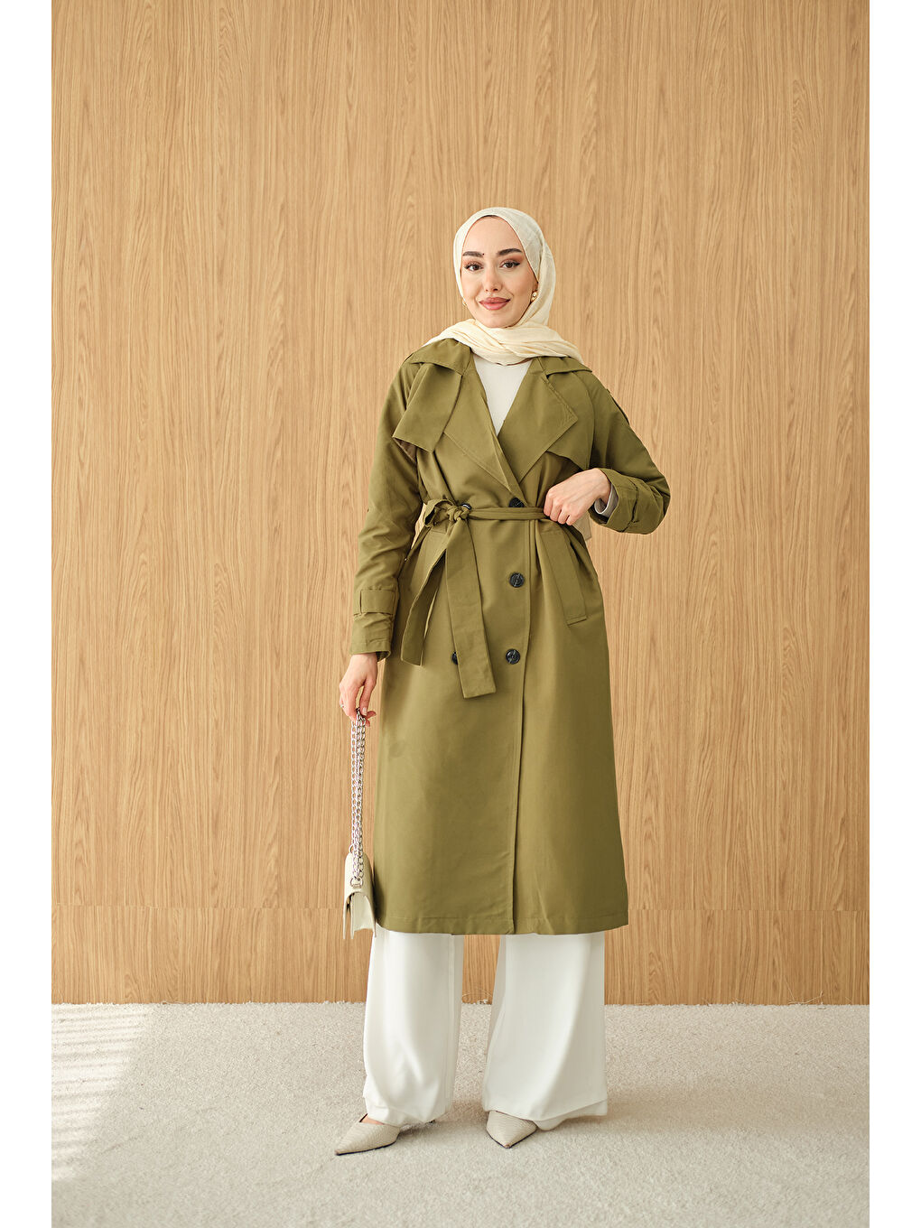 Kadın Omuz Düğme Detay Kruvaze Yaka Midi Boy Trenç Haki Yeşil