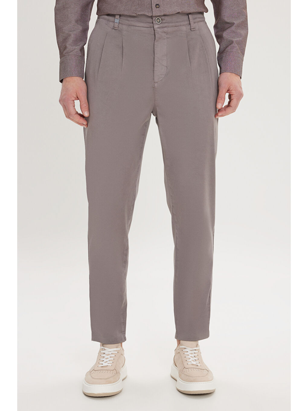 Erkek Gri Pamuklu Slim Fit Dar Kesim Yan Cepli Pileli Casual Pantolon-2