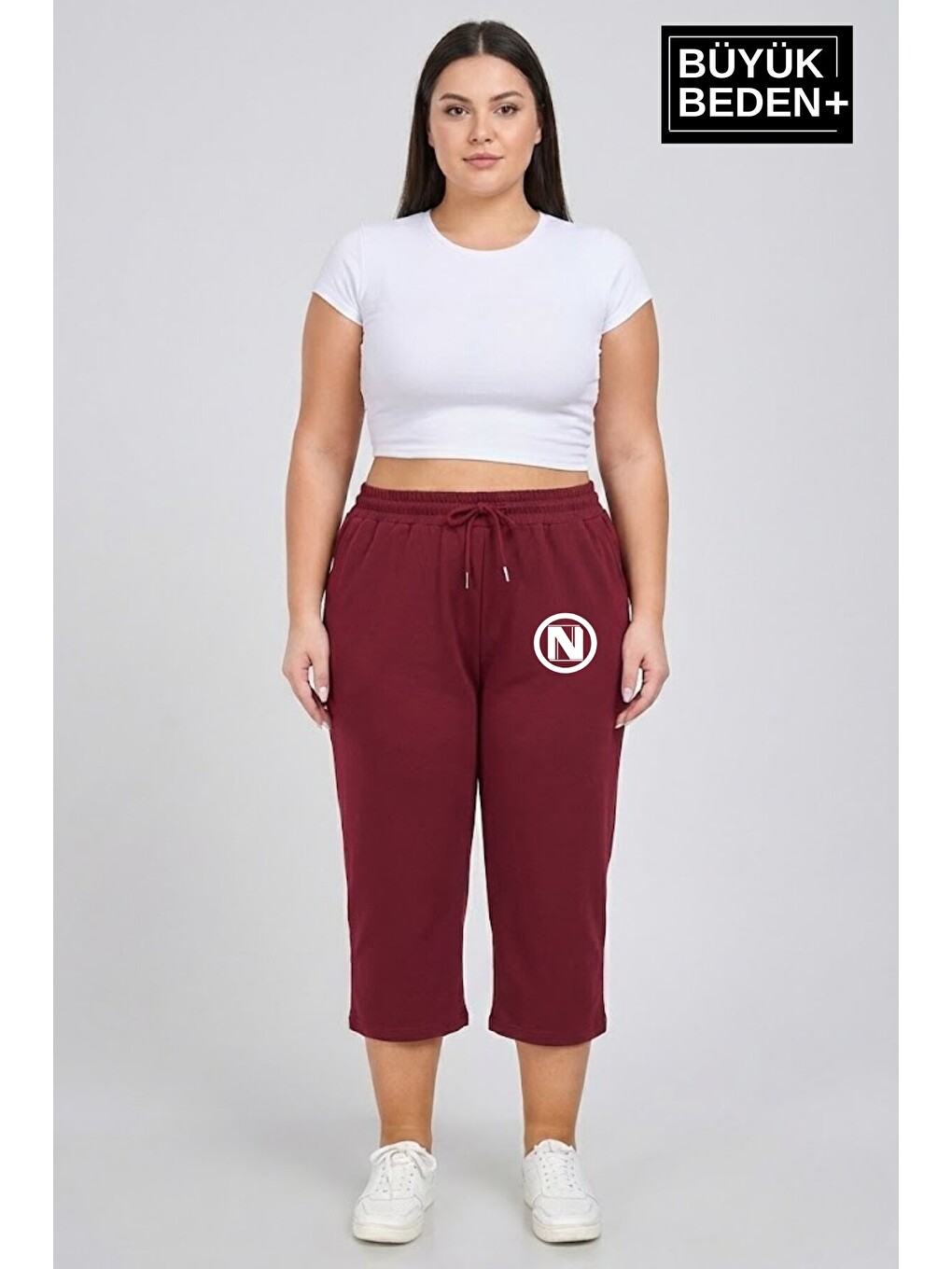 Bordo Büyük Beden N Baskılı Kadın Şort Kapri Rahat Kalıp Cepli Bağcıklı 3XL-6XL SPR26BSRK591-19