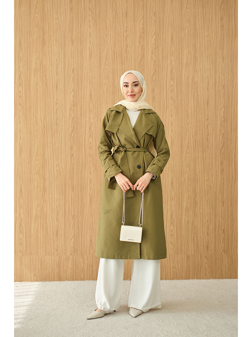 Kadın Omuz Düğme Detay Kruvaze Yaka Midi Boy Trenç Haki Yeşil-1